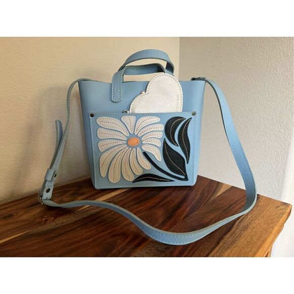 Portland Leather Bundle Wildflower Glacial Blue Crossbody Bag Pearl Heart NEW Le - Picture 1 of 7